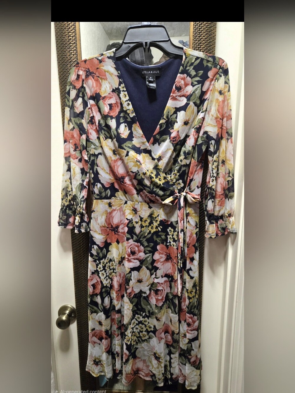 Navy Floral Wrap Dress with Pink Blooms